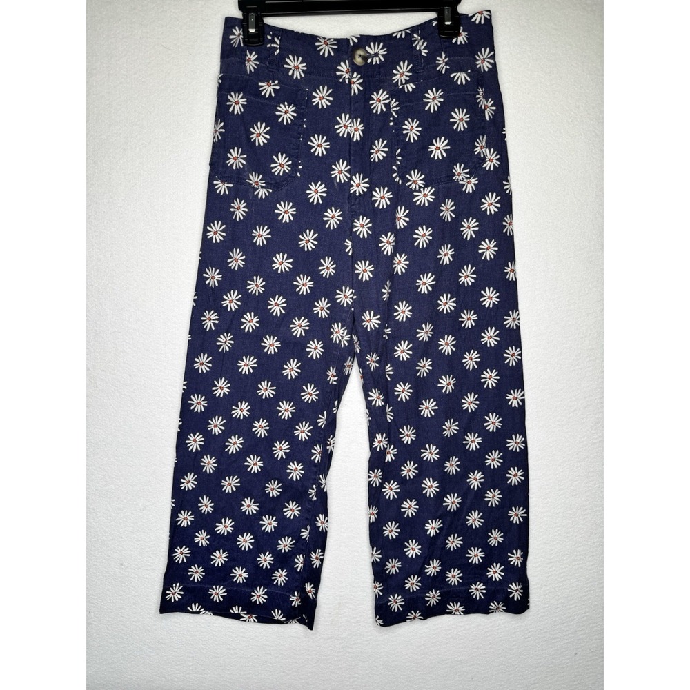 Size 28 Maeve Anthropologie The Colette Navy Daisy Wide Leg Crop Pants
